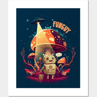 Funguy Little Robot Collecting Mushrooms Posters and Art